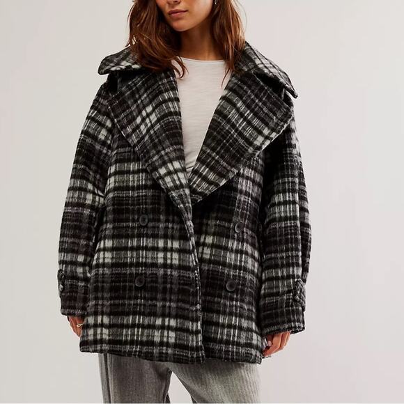 Free People Black and White Plaid Pea Coat NWT - Picture 10 of 10